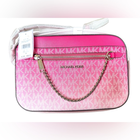 Michael Kors Jet Set Large Front Zip Chain Leather Crossbody In Dragonfruit NWT - Picture 1 of 2